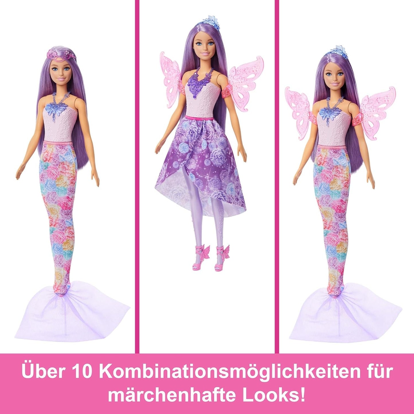 Barbie Doll 3-i-1 lekset med 8 tillbehör inklusive sjöjungfrusvans, Fairy Wings, kungliga halsband, skor och mer för 10+ olika utseenden, JCP74