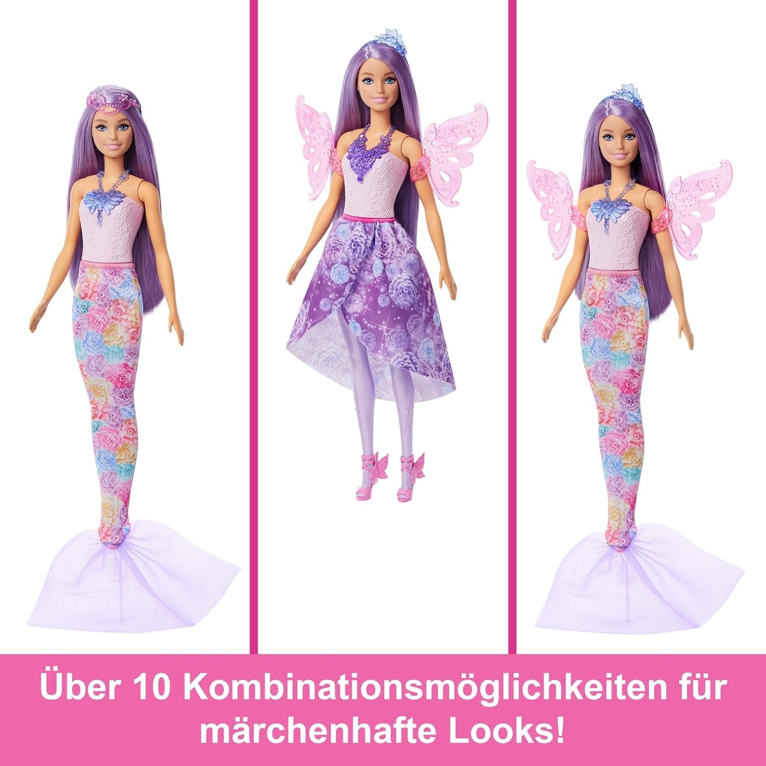 Barbie Doll 3-i-1 lekset med 8 tillbehör inklusive sjöjungfrusvans, Fairy Wings, kungliga halsband, skor och mer för 10+ olika utseenden, JCP74