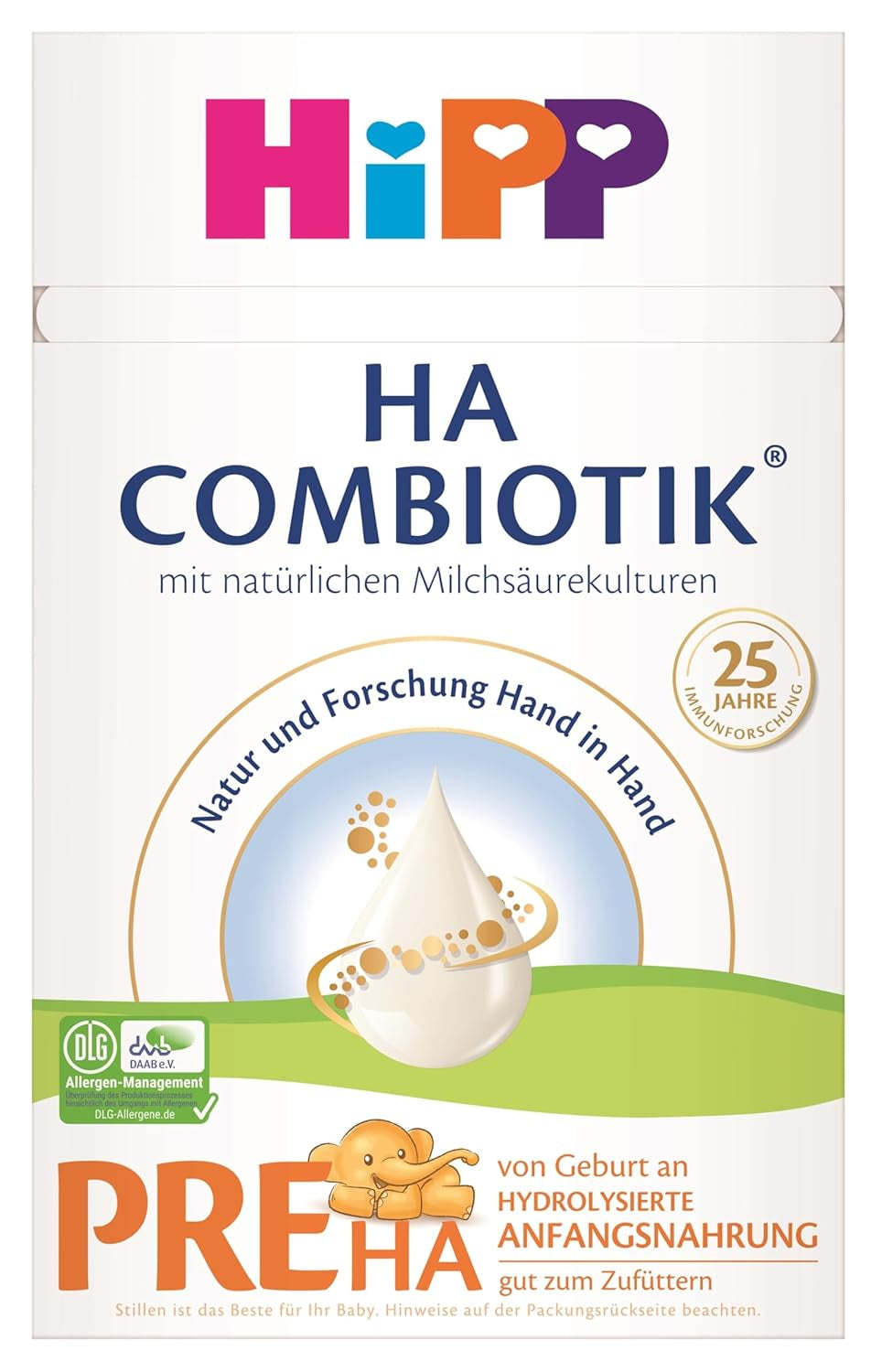 HiPP PRE HA Combiotik (4 x 600 g), hydrolyserad mjölkpulverformel för spädbarn från födseln, med naturliga mjölksyrakulturer, för känsliga immunsystem
