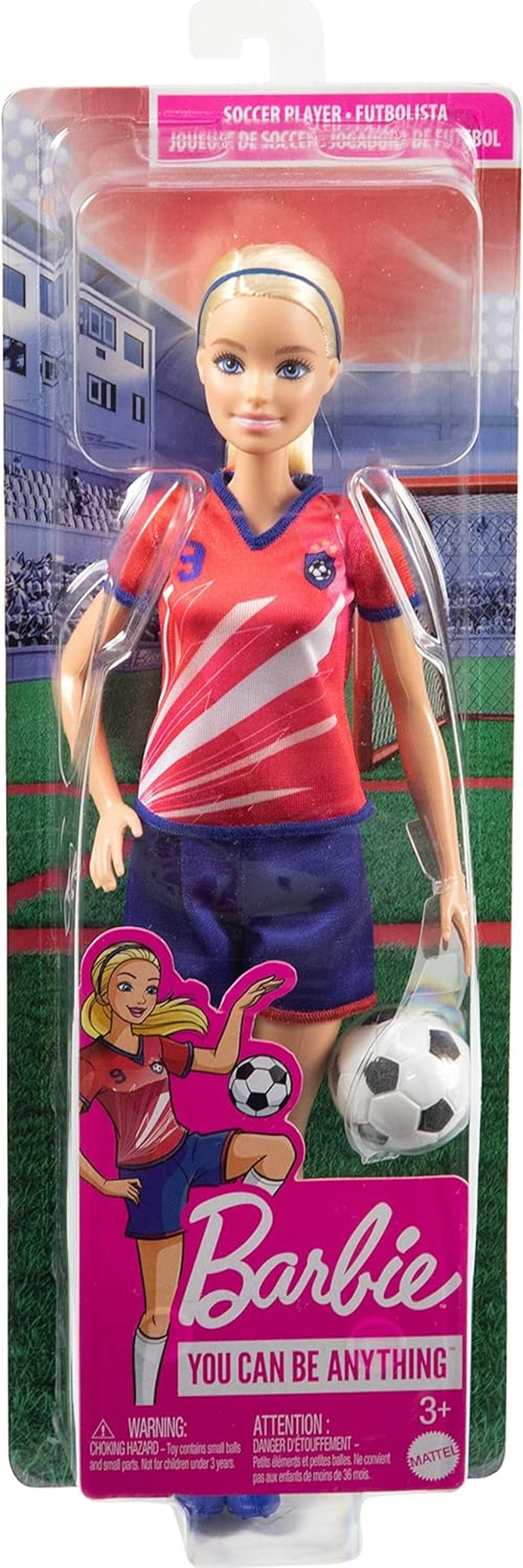 Barbie You Can Be Anything-serien, fotbollsspelare, fotbollsspelare med blondt hår, röd och blå tröja, boll, tillbehör, docka ingår, present från 3 år och uppåt, HCN17