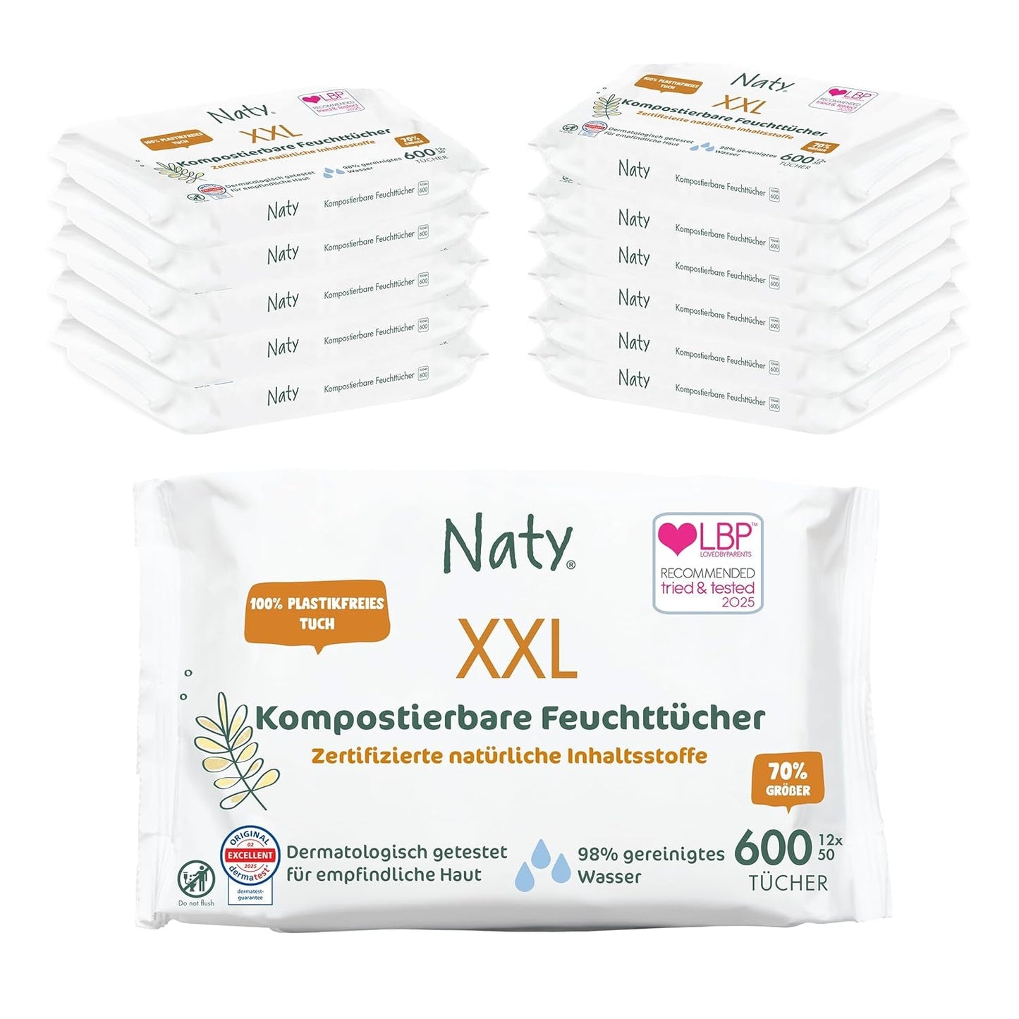 Naty babyservetter | 100 % ört- och doftfri för känslig hud | Plastfria och certifierade komposterbara våtservetter med 98 % renat vatten | 672 våtservetter (12 förpackningar)