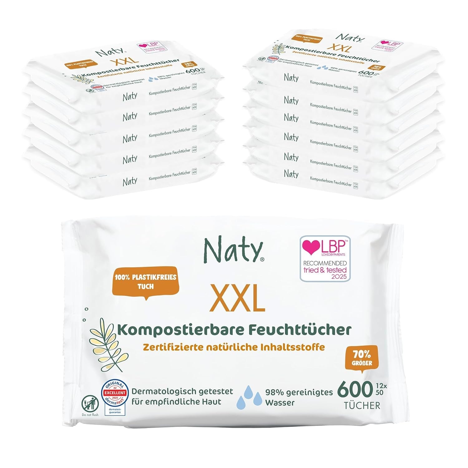 Naty babyservetter | 100 % ört- och doftfri för känslig hud | Plastfria och certifierade komposterbara våtservetter med 98 % renat vatten | 672 våtservetter (12 förpackningar)