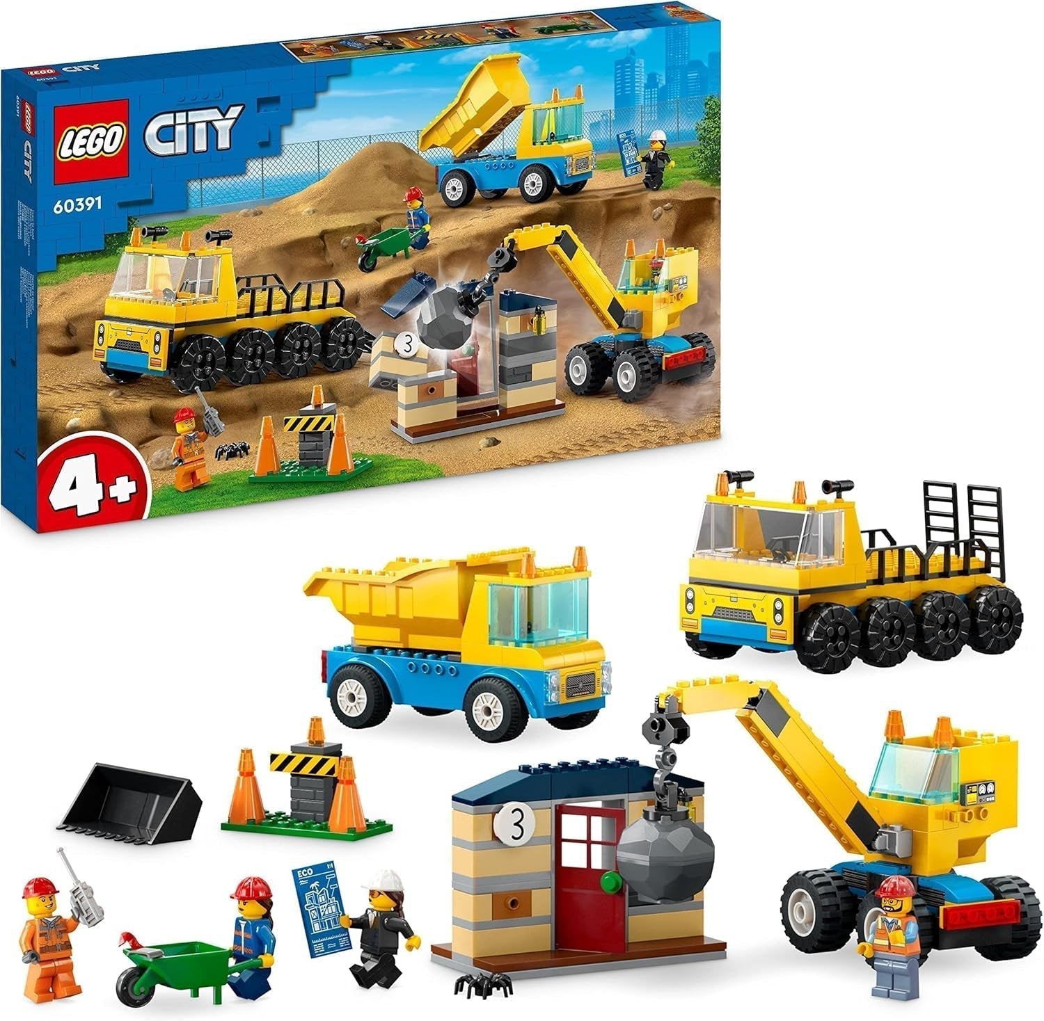 LEGO 60391 City Construction Vehicles and Wrecking Ball Kran, grävmaskin, dumper och transportfordonsleksak, pedagogisk leksak för barn 4 år och uppåt Byggset Besuche den LEGO-Store Single