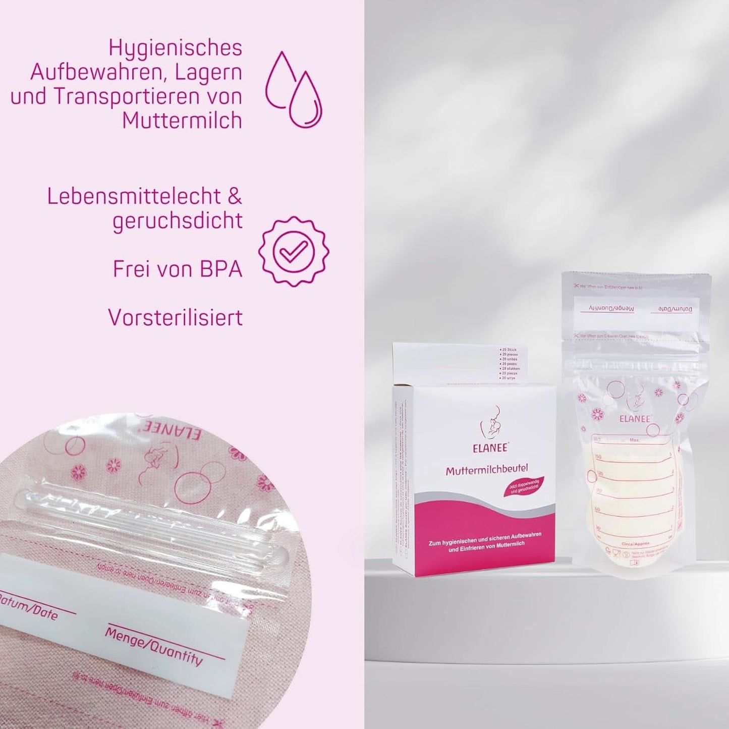 ELANEE Muttermilchbeutel, Aufbewahren & Einfrieren Von Muttermilch, Geschmackneutral Und Vorsterilisiert, Doppelter Sicherheitsverschluss, 20 Stück, Mit Standfuß (711-00) Babymat och amningstillbehör Naty Shop