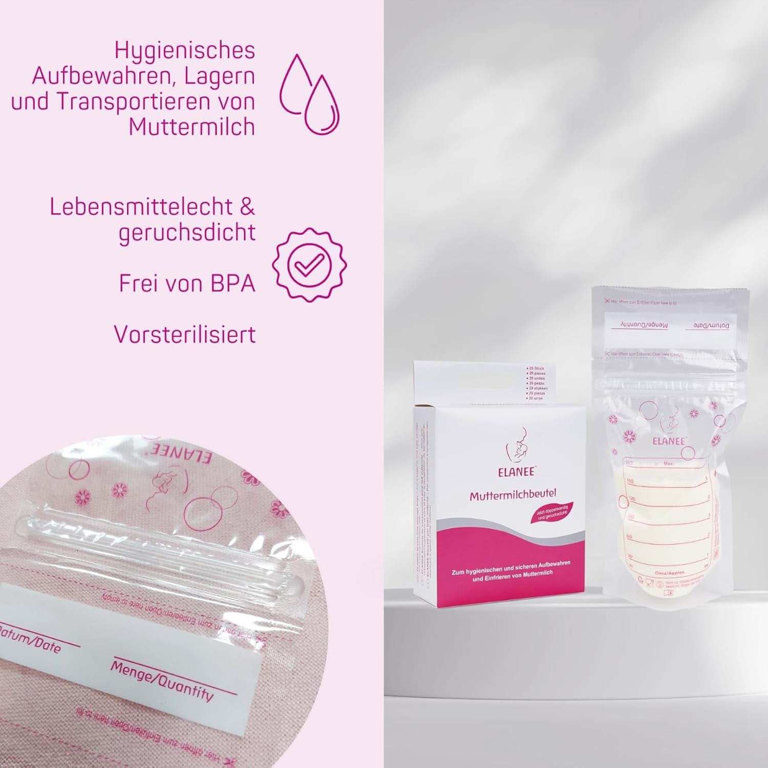 ELANEE Muttermilchbeutel, Aufbewahren & Einfrieren Von Muttermilch, Geschmackneutral Und Vorsterilisiert, Doppelter Sicherheitsverschluss, 20 Stück, Mit Standfuß (711-00) Babymat och amningstillbehör Naty Shop