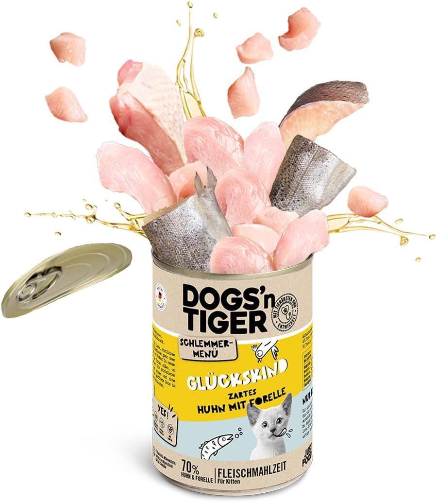 Dogs'n Tiger Schlemmermenü Glückskind, Nassfutter für Kätzchen, saftiges Hun und Forelle - ohne Getreide, Zuckerzusatz, künstliche Konservierungsstoffe, optimal Verträglichkeit, 12x 200g