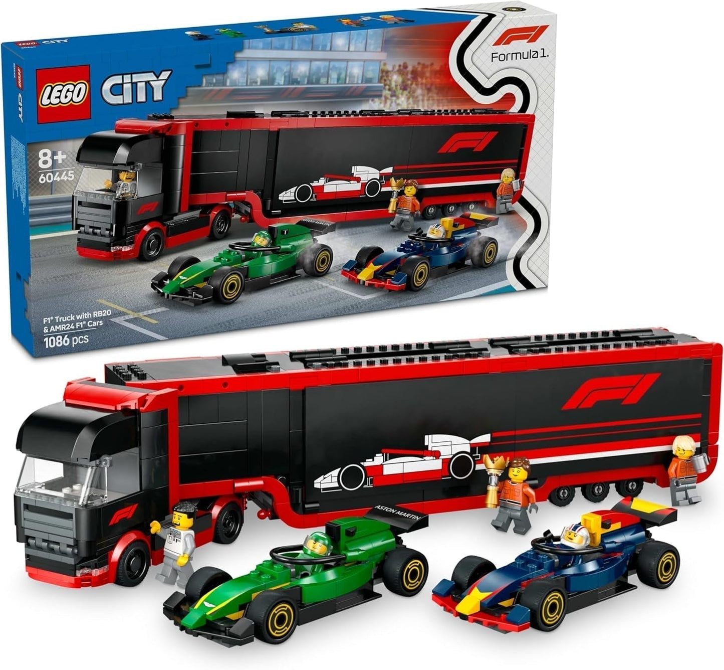 LEGO City F1 Transporter med RB20 & AMR24 F1 Racing Cars - Leksaksbilstransporter för Red Bull & Aston Martin Formel 1 Team - Inkl. 5 minifigurer - present till pojkar och flickor i åldern 8+ 60445 Byggset Beuche den LEGO-Store Standardtitel