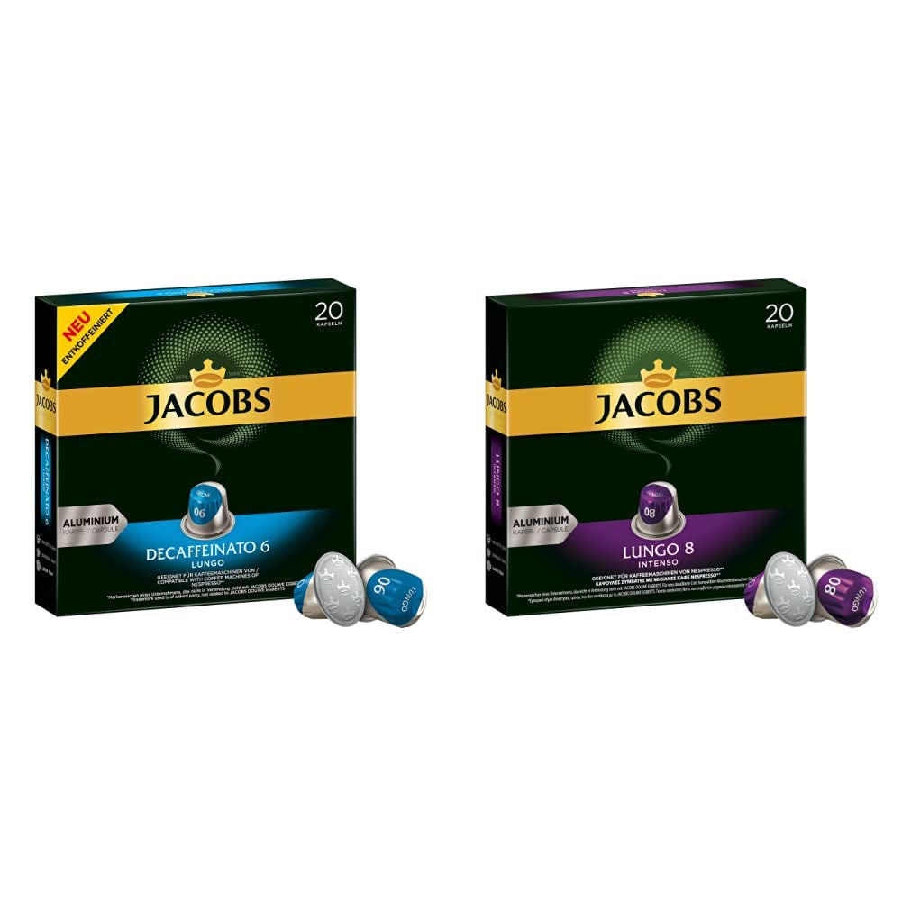 Jacobs Kaffeekapseln Lungo Decaffeinato- Intensität 6, 10er Pack, 10 x 20 Getränke & Kaffeekapseln Lungo Intenso, Intensität 8 av 12, 200 Nespresso®* kompatibel Kapseln, 10 x 20 Getränke