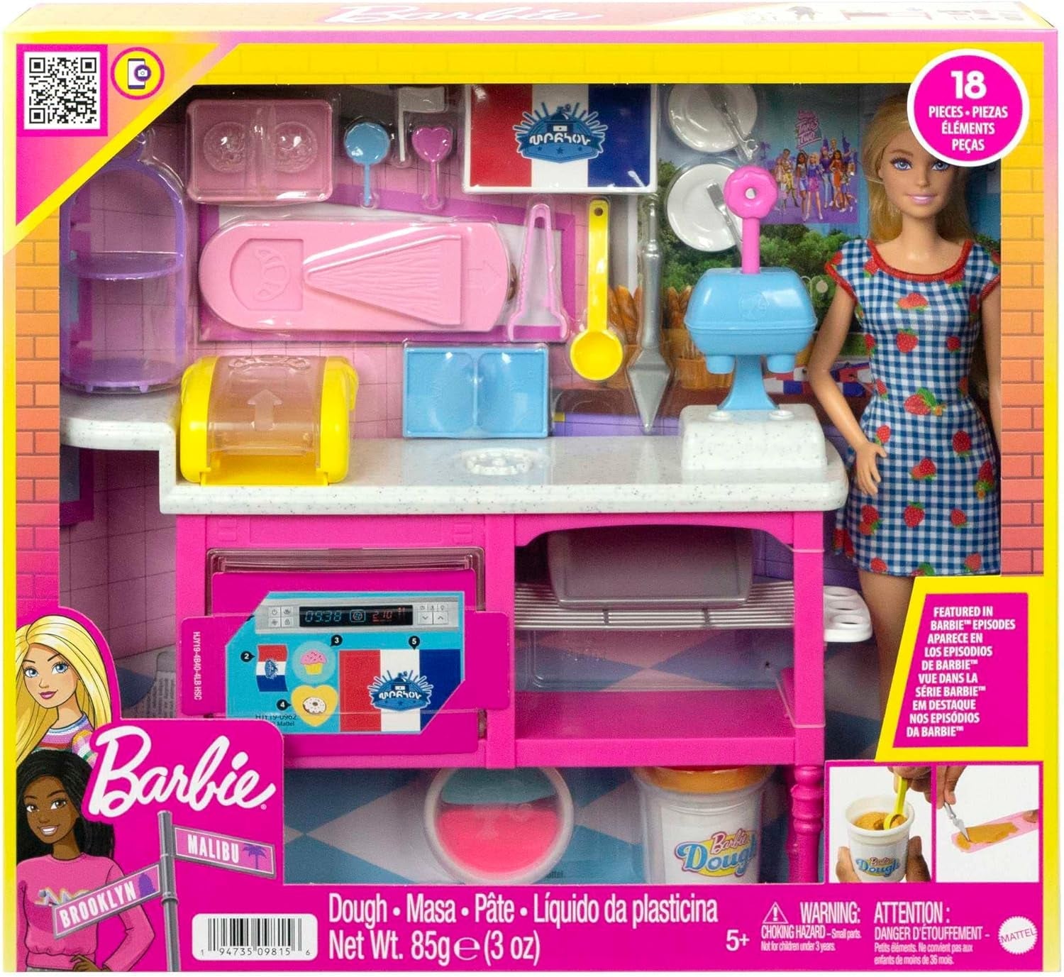 Barbie Malibu Roberts docka och 18-delat bakset, inklusive lekdeg och munk-, croissant- och muffinsformar, för åldrarna 3 och uppåt, HJY19