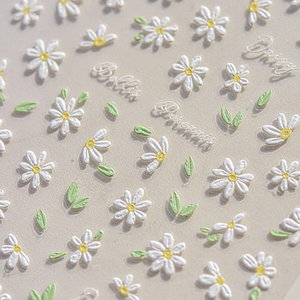 5D-präglade vita prästkragar Nagelklistermärken Blommor Nagelklistermärken Blommor Självhäftande folieklistermärken Nagelkonstklistermärken Tusenskönor Nageldekoration Tillbehör Blomdesignklistermärken Nagelkonst