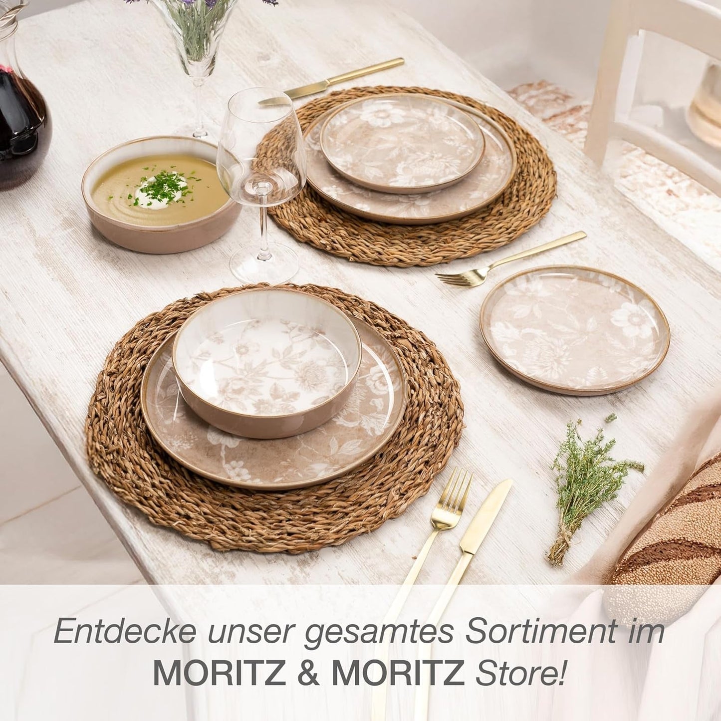 Moritz & Moritz MARIELLA 6-personers servisset i stengods i 24 delar - Modern beige servis med lekfull design, lättskött kaffeservering med tallrikar, skålar och koppar - Kombinationsset