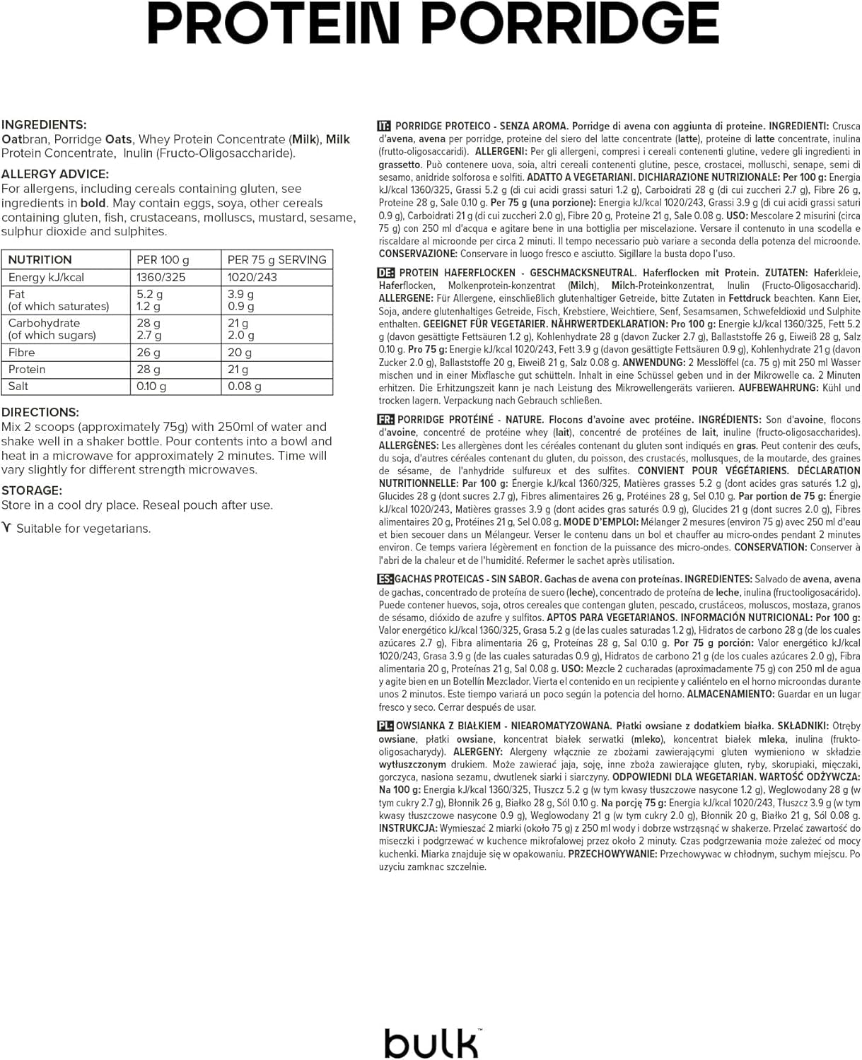 Komplett proteinhavregryn, bulk, högproteinhavregryn, vassle, fiberrik, proteingröt, smaklös, 1 kg