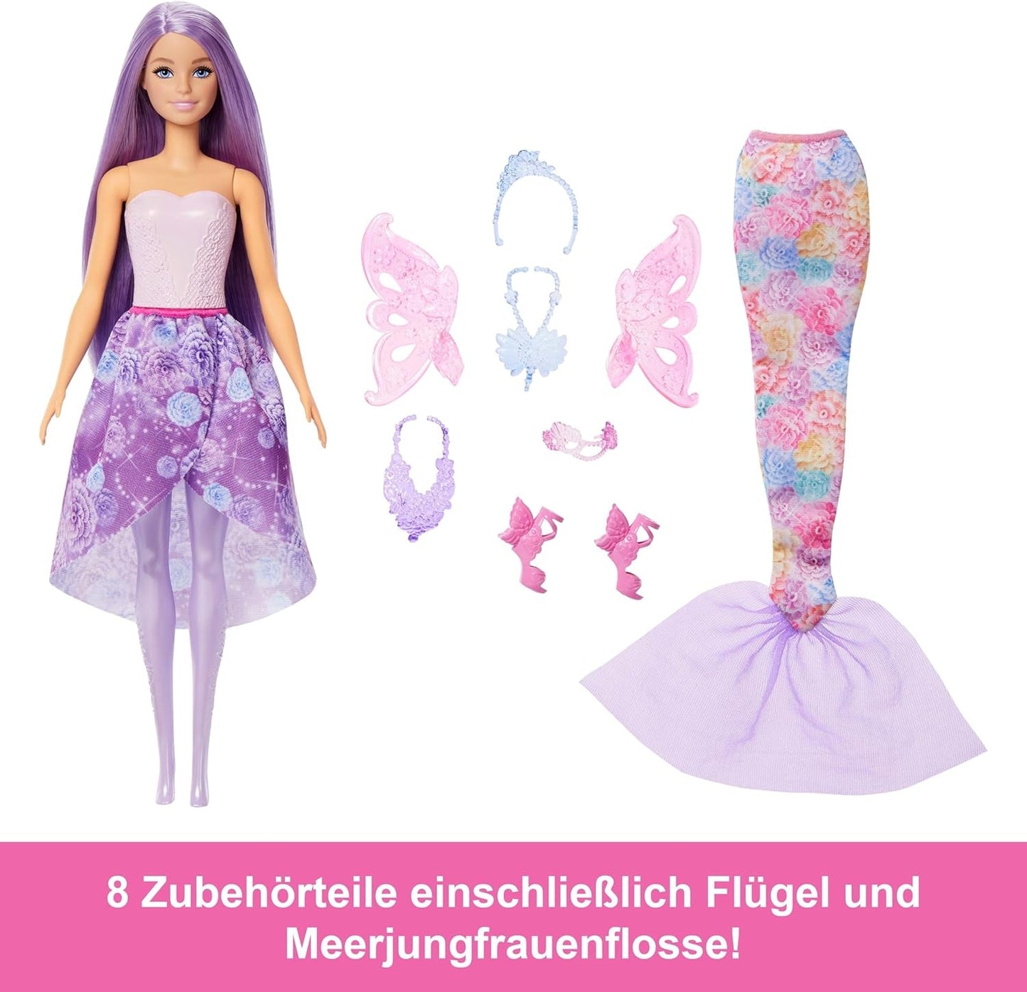 Barbie Doll 3-i-1 lekset med 8 tillbehör inklusive sjöjungfrusvans, Fairy Wings, kungliga halsband, skor och mer för 10+ olika utseenden, JCP74