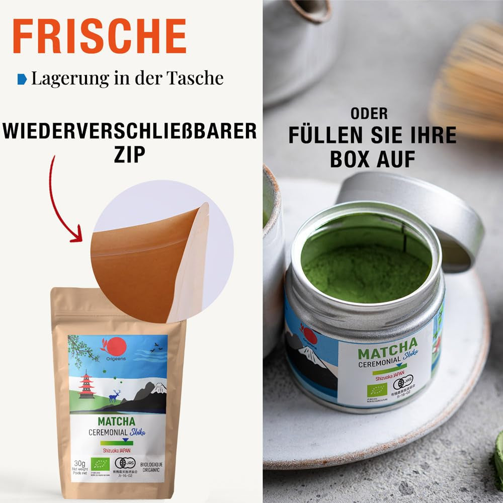 ORIGEENS BIO MATCHA CEREMONIELL GRADE "SHIKA" - Ekologiskt japanskt te från Shizuoka - Matcha Latte/Usucha - 30g påfyllningspåse - Ceremoniellt ekologiskt Matcha grönt tepulver