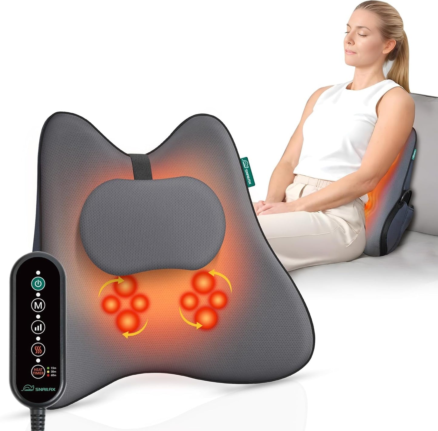 Snailax Ergonomisk Svankstödskudde med Massage och Värme, Memory Foam Shiatsu Ryggkudde, Sittdyna med 3 massageintensiteter | 2 värmenivåer | 3 timers | bekväm sittställning