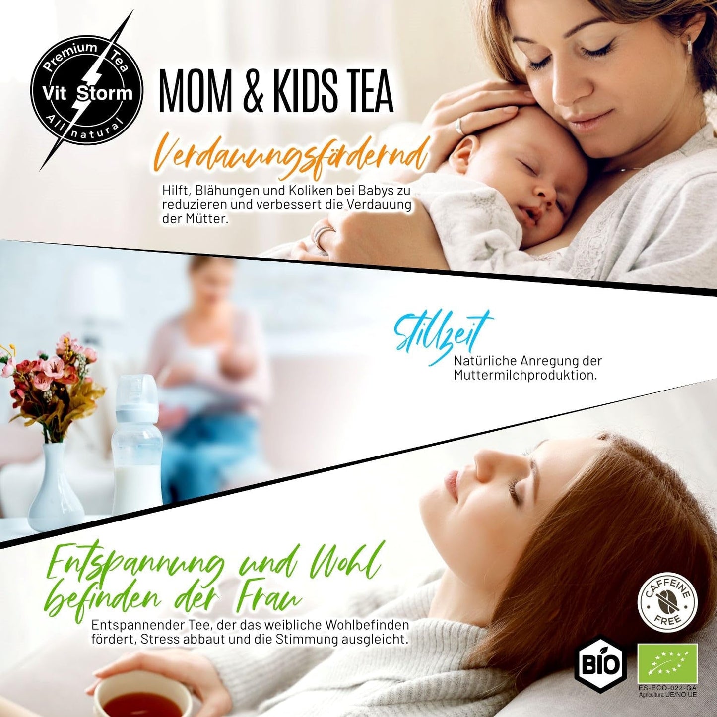VITSTORM® BIO TEE Mom & Kids - Te för kvinnor och ammande - Rooibos, äpple, fänkål, citronmeliss, alchemilla, jordgubb - Avkopplande te - Fruktigt och gott - Koffeinfritt - Örtte 100 g