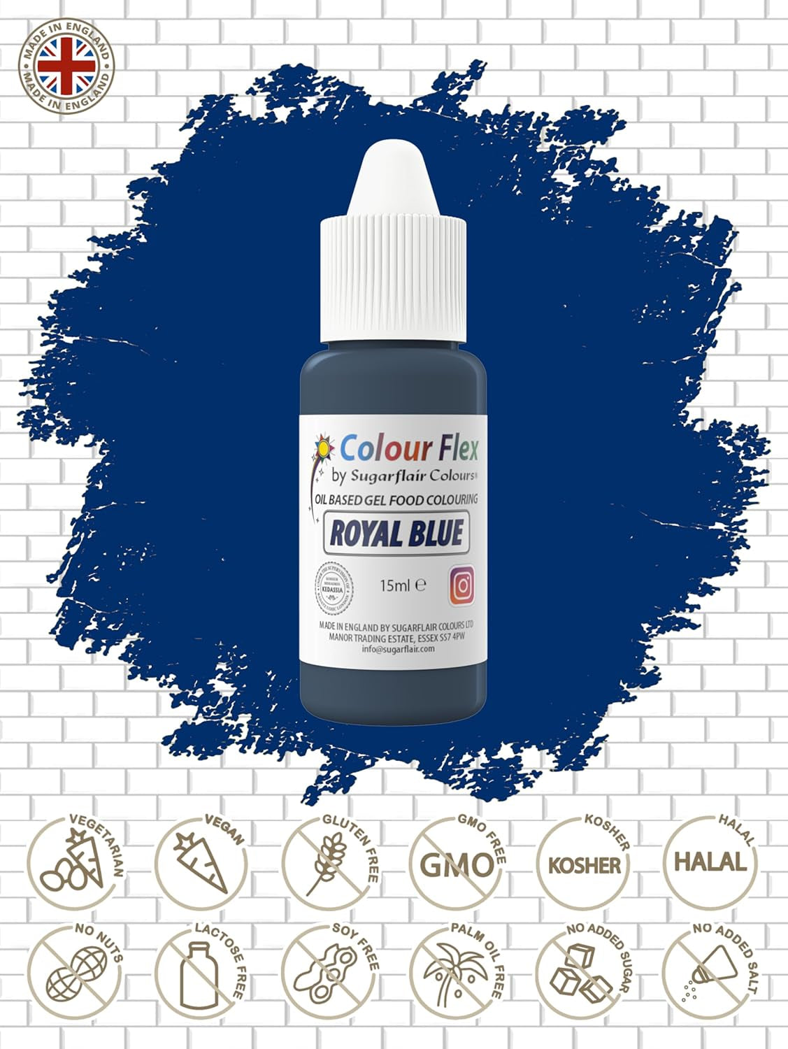 Sugarflair Colourflex oljebaserad livsmedelsfärg, kunglig blå, högkoncentrerad flytande livsmedelsfärg, matfärg för smörkräm, choklad, deg, fondant, glasyr och mer - 15 ml