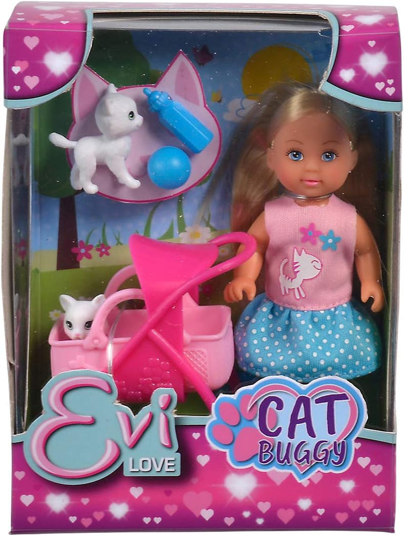 Simba 105733348 - Evi Love Cat-vagn, med två katter i vagnen, avtagbar väska, tillbehör, dress up docka, 12 cm, för barn från 3 år och uppåt