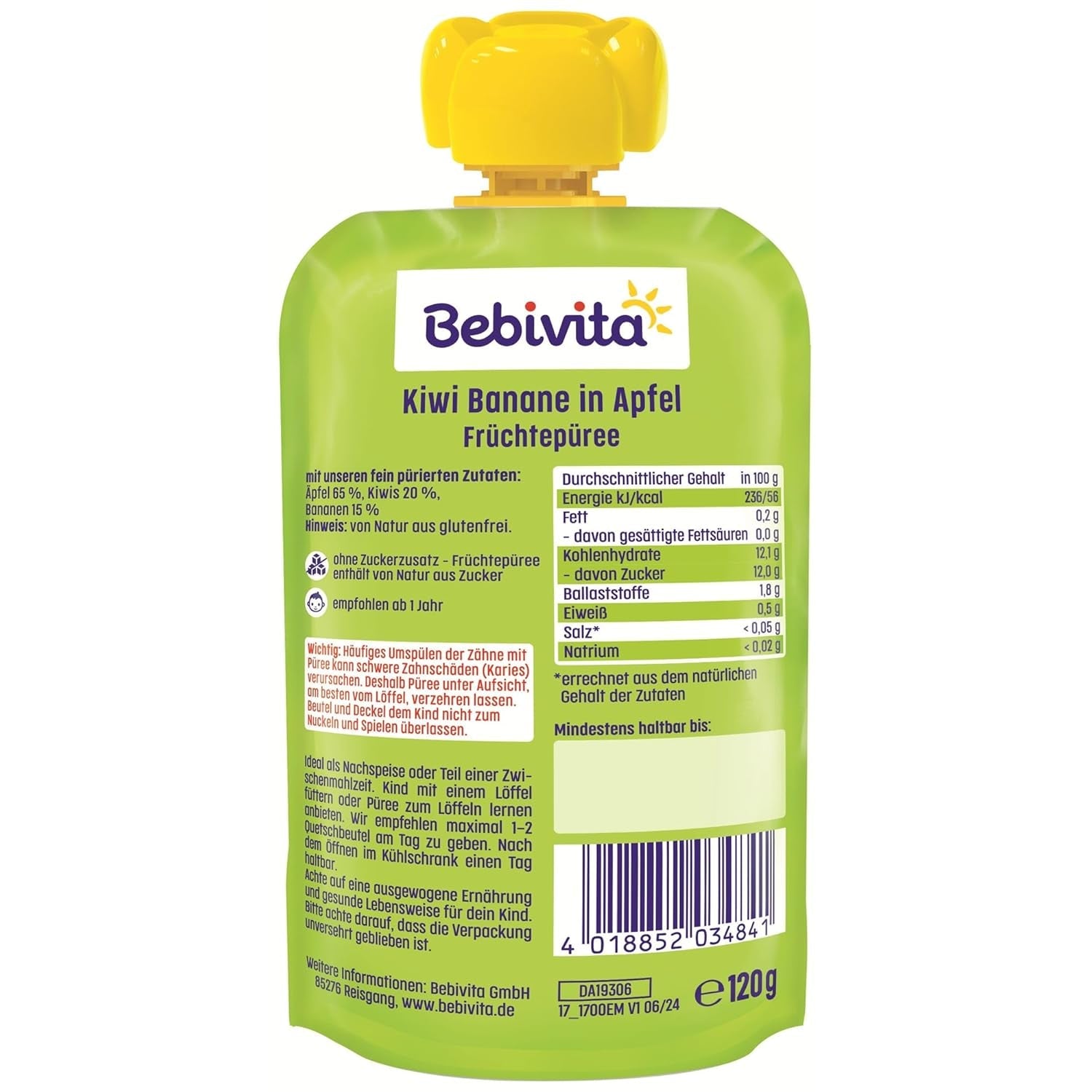 Kiwi Bananer i Apple Quetschie (6 x 120g), ohne Zuckerzusatz, glutenfrei, ideal für unterwegs und selbständiges Snacken