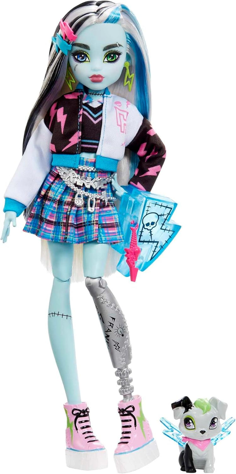 Monster High Frankie Stone Doll i jeansjacka och shorts, inkluderar Dog Watzie och tillbehör som ryggsäck, mellanmål och anteckningsbok, HXH73 Naty Shop Dolls Elektrifierande mode