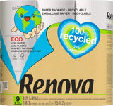 Renova 100% ÅTERVINNING toalettpapper 9 rullar, vit, normal
