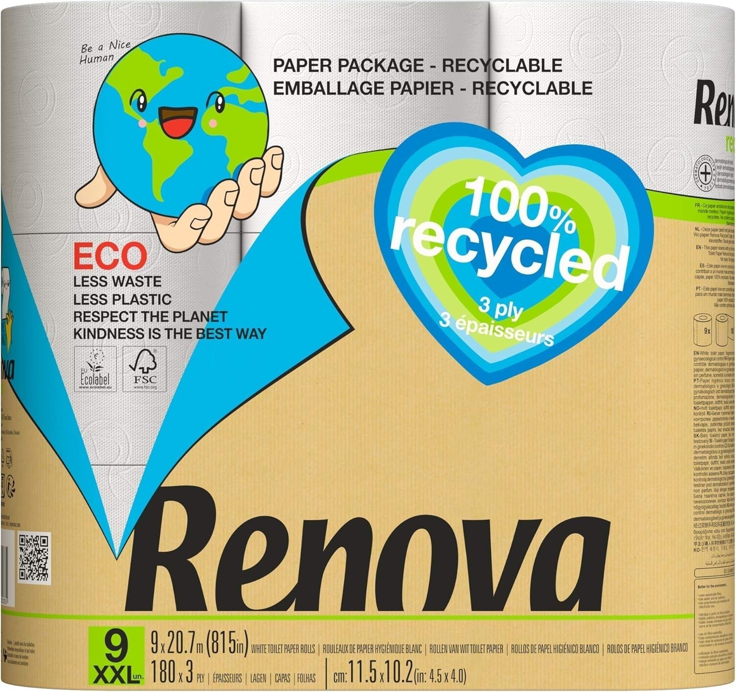 Renova 100% ÅTERVINNING toalettpapper 9 rullar, vit, normal