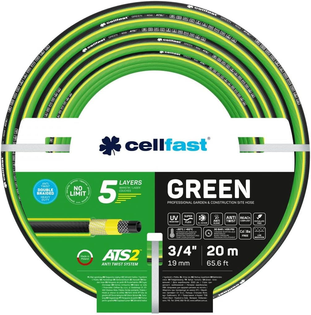 Trädgårdsslang Cellfast GREEN ATS2, slitstark, flexibel, 5-lagers, ATS2 korsfläta, UV- och algbeständig, tungmetallfri, 30 bar, -20/+60°C kortvarig, 3/4", 20m