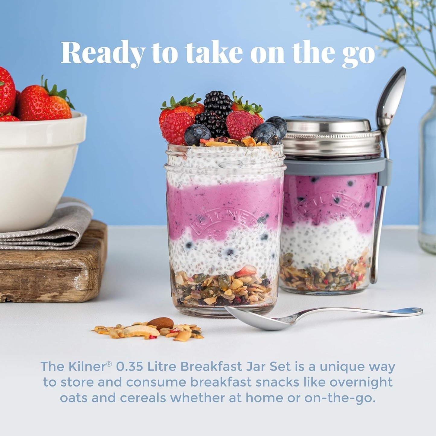 Kilner frukostburk med sked / 350 ml, Ø 9,5 cm / 5 st | takeaway müslikopp / giftfri / glasbehållare med lock för müsli, gröt och yoghurt / havrebehållare över natten Naty Shop Matförvaringslådor