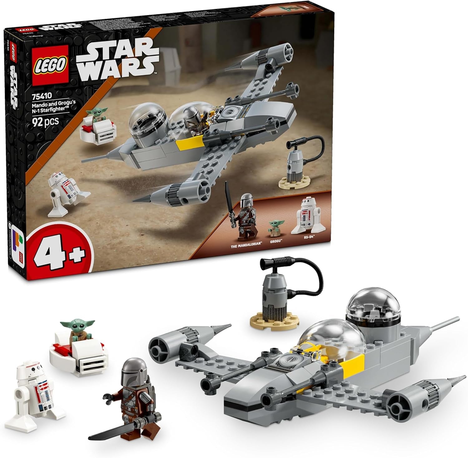 LEGO Star Wars 75410 Mandos och Grogus N-1 Starfighter-leksak med minifigurer Mandalorian, Grogu och R5-D4, inklusive byggbar kolonn, rymdskeppsstartset för pojkar och flickor från 4 år Byggset Beuche den LEGO-Store Standardtitel