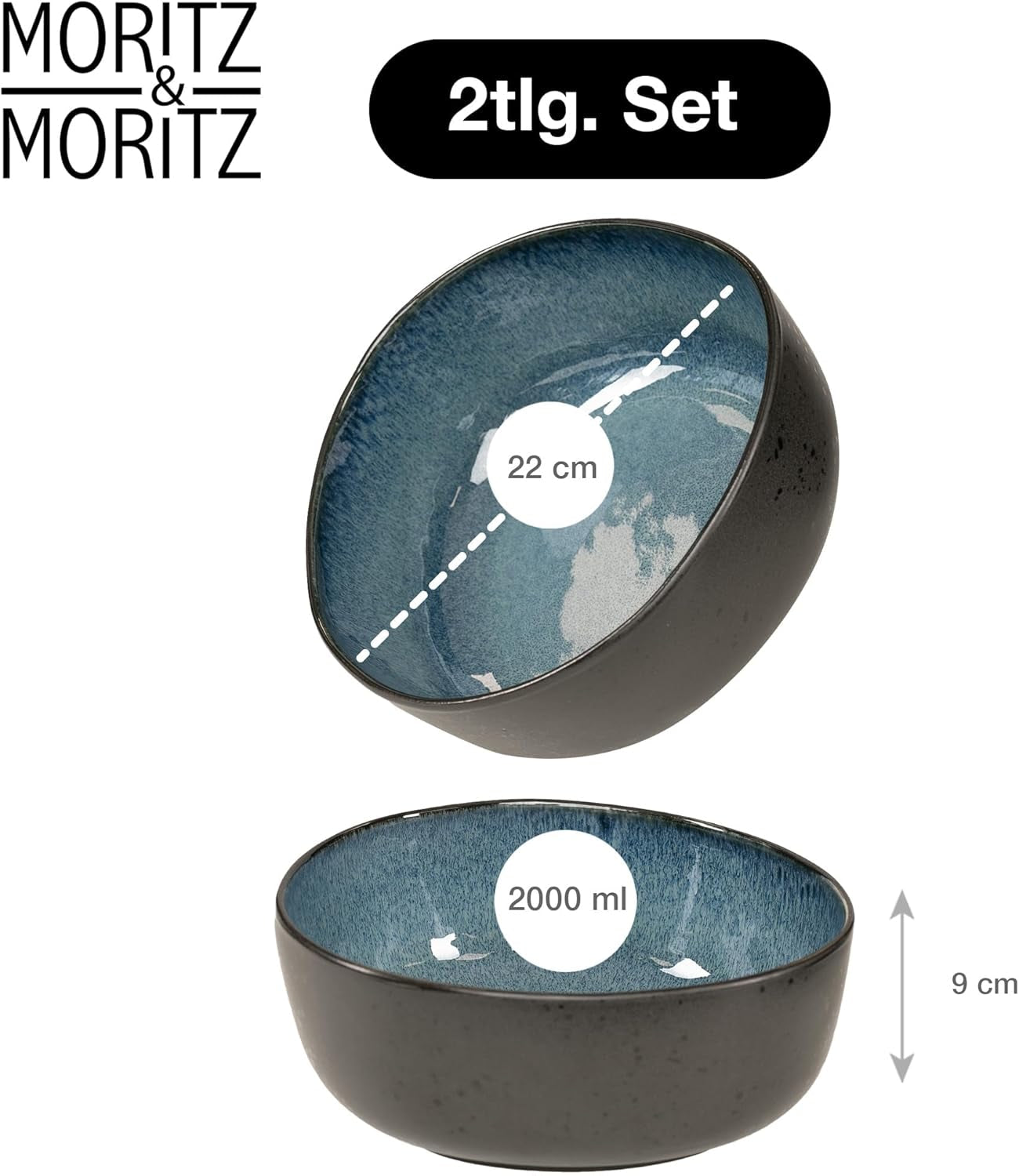 Moritz & Moritz EKOLOGISK serveringsskålsset, blå - 2 stora högkvalitativa skålar i stengods, moderna och tidlösa, tål mikrovågsugn och diskmaskin - perfekt för sallader, pasta, snacks och mer