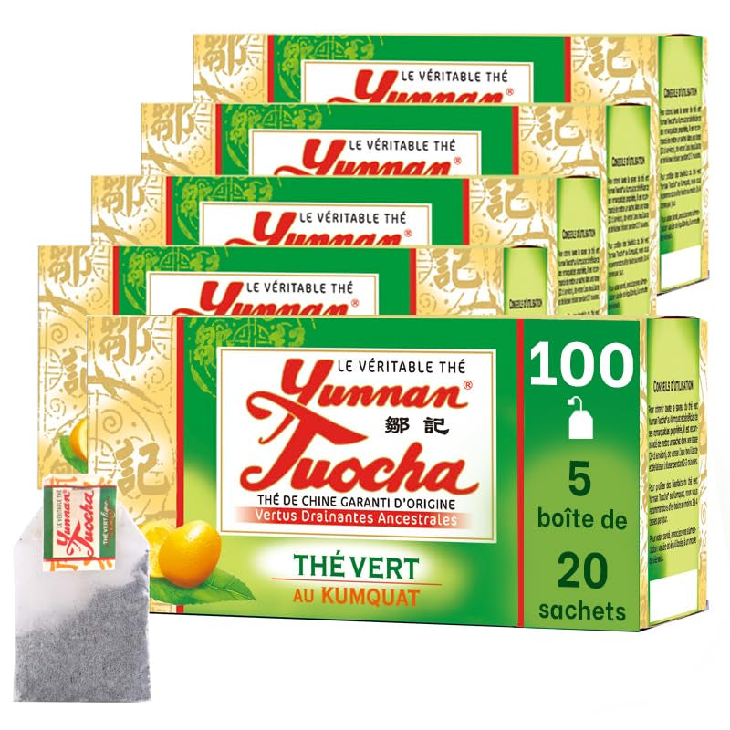 Yunnan Tuocha Zouji - Ekologiskt grönt te med kumquat - Vitamin C - 100 tepåsar - 200 g - Garanterad Yunnan kvalitet