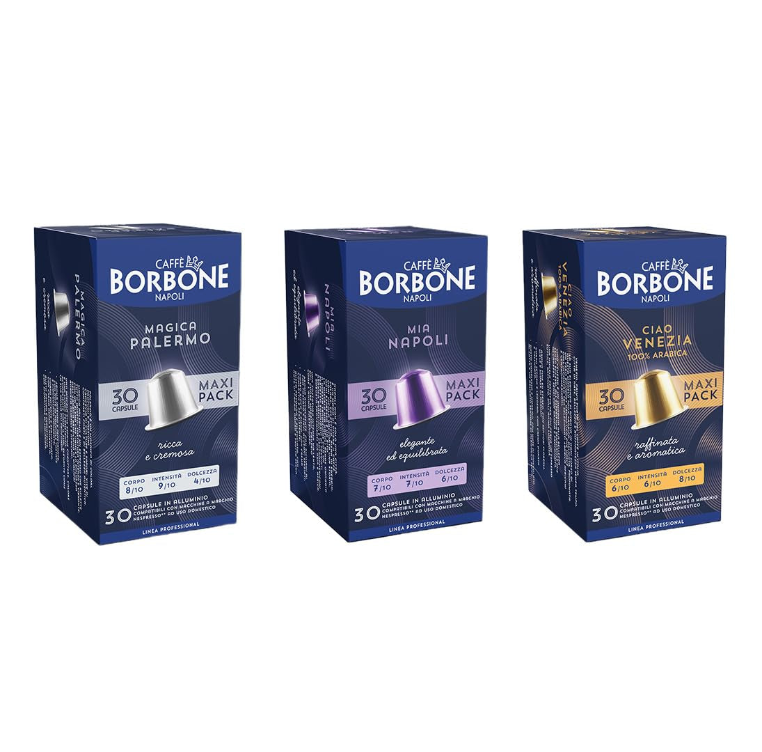 Caffè Borbone Verkostung Kit, 90 aluminiumkapslar: 30 Mia Napoli, 30 Ciao Venezia, 30 Magica Palermo, (3 x 30 Stück) – Kompatibel med Kaffeemaschinen für den Hausgebrauch av märket Nespresso®*