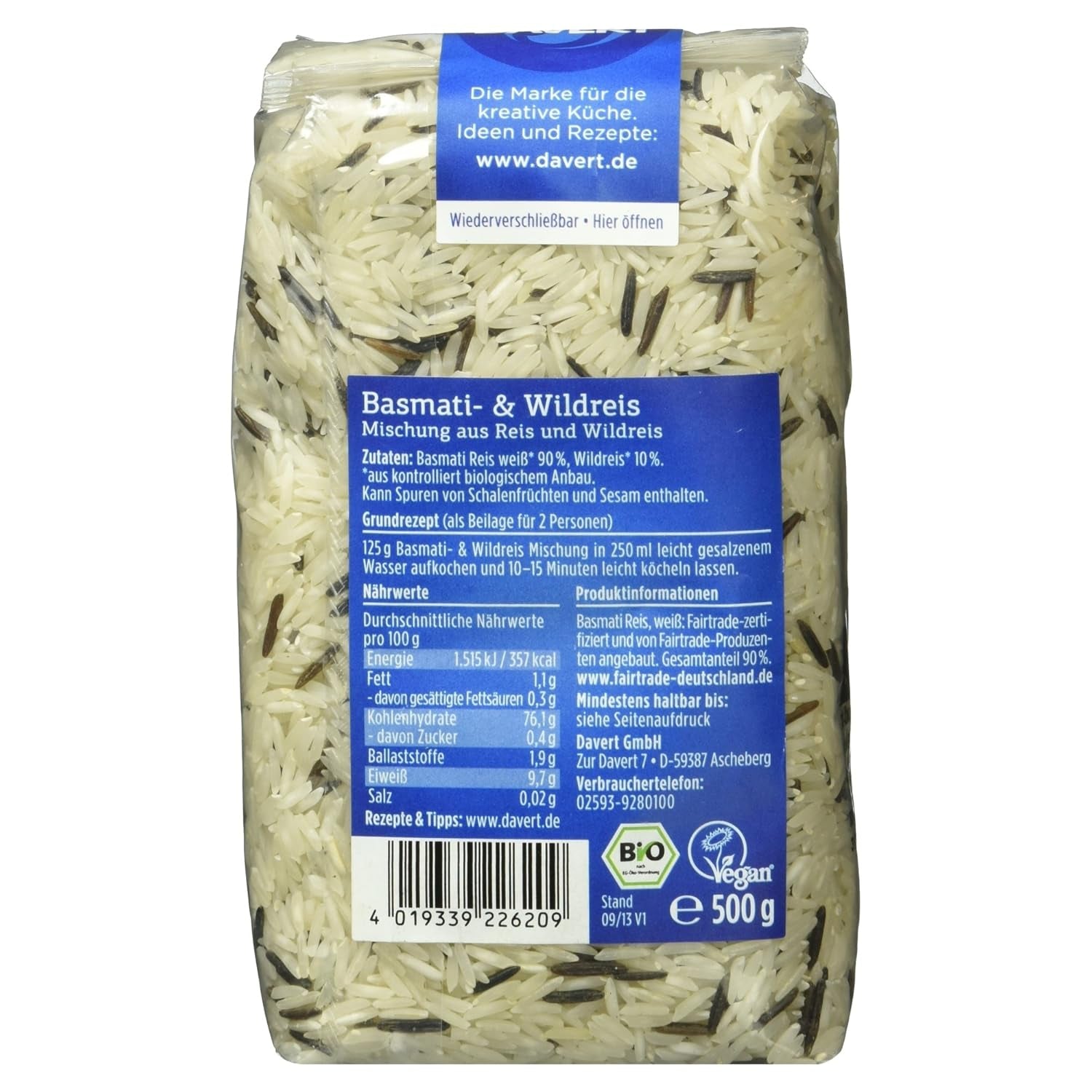 Davert Basmati och vildrismix, ekologisk, 500g