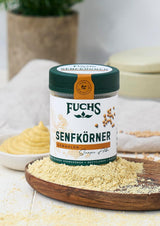 Fuchs Gewürze - Senfkörner gemahlen - für die Zubereitung von Rubs, zum Verfeinern von Suppen und Saucen - naturliga ingredienser - 45 g i wiederverwendbarer, recyclebarer Dos