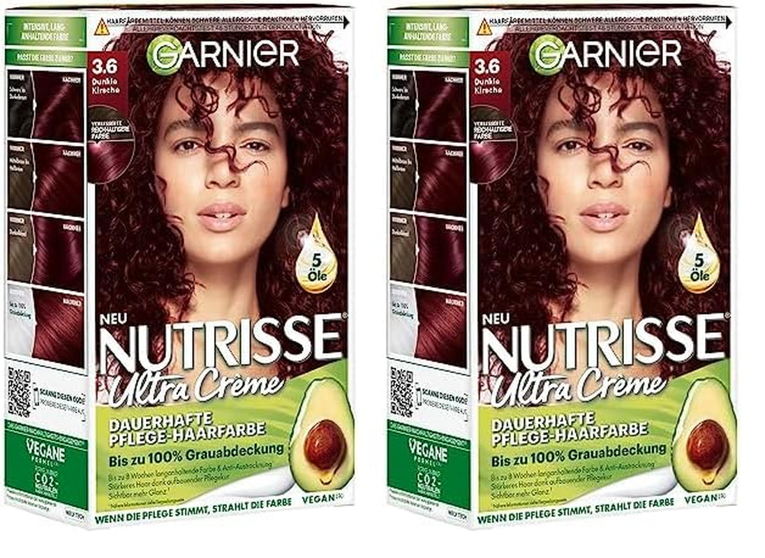 Garnier Nutrisse Permanent Care Hårfärg med närande fruktoljor, 8 veckors uppehåll, Ultra Crème Tint, 036 Black Cherry (Pack of 2) Naty Shop Hårfärg Standardtitel