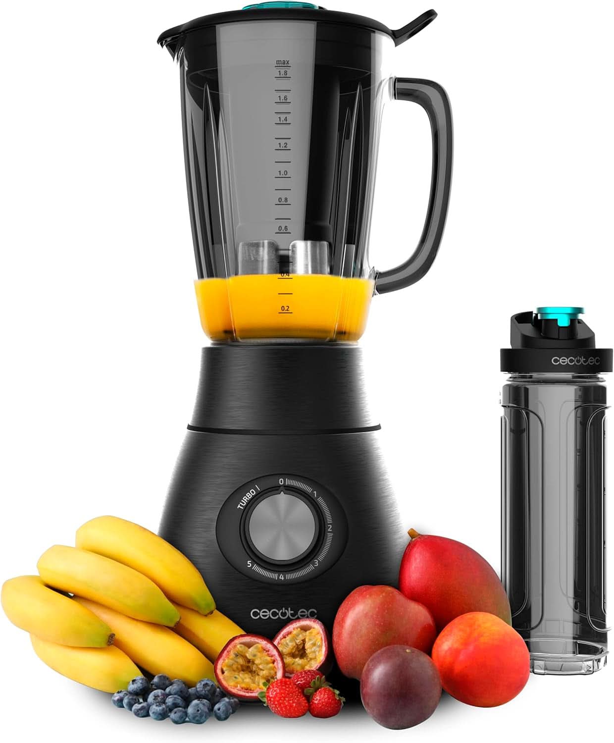 Cecotec Standmixer Power Black Titanium 2200MAX Smooth, 2200 W Maximale Leistung, 6 Klingen Aus Edelstahl, Ice-Crush-Funktion, Turbo- Och Smoothie-Funktion, Autoclean-Funktion Kök Naty Shop Schwarz 2500 W | 1,8 L + Flasche-dragning