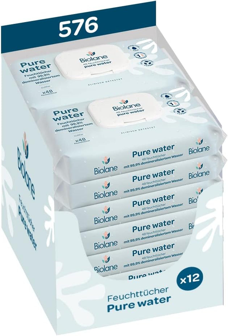 BIOLANE - Våtservetter för baby med 99,9 % vatten - Rent vatten - Paket med 12 x 48 (576 våtservetter) - För känslig hud - Från födseln - Doftfri - Vård för att byta och rengöra bebisar