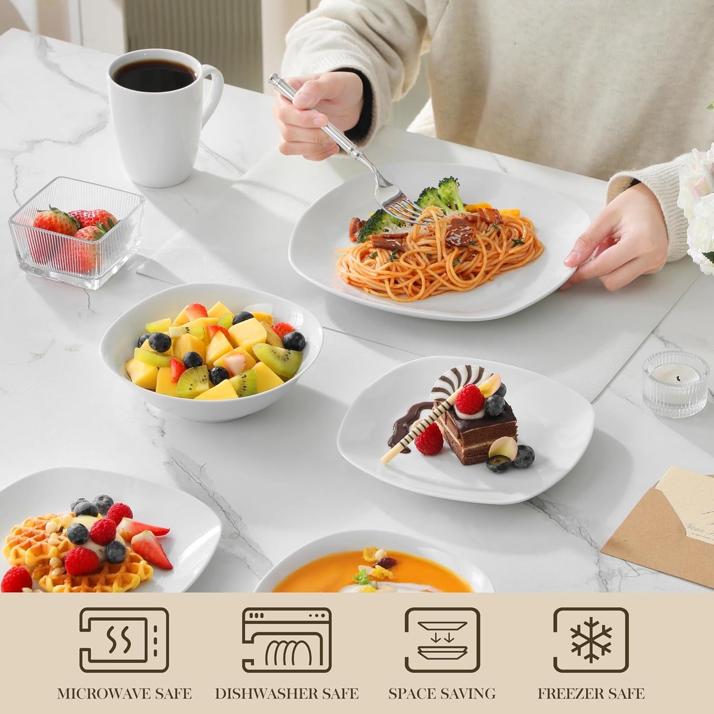MALACASA servisset för 4, 16-delat porslinsservis, modernt servisset med 4 mattallrikar, desserttallrikar, suma tallrikar och koppar, ELISA-serien