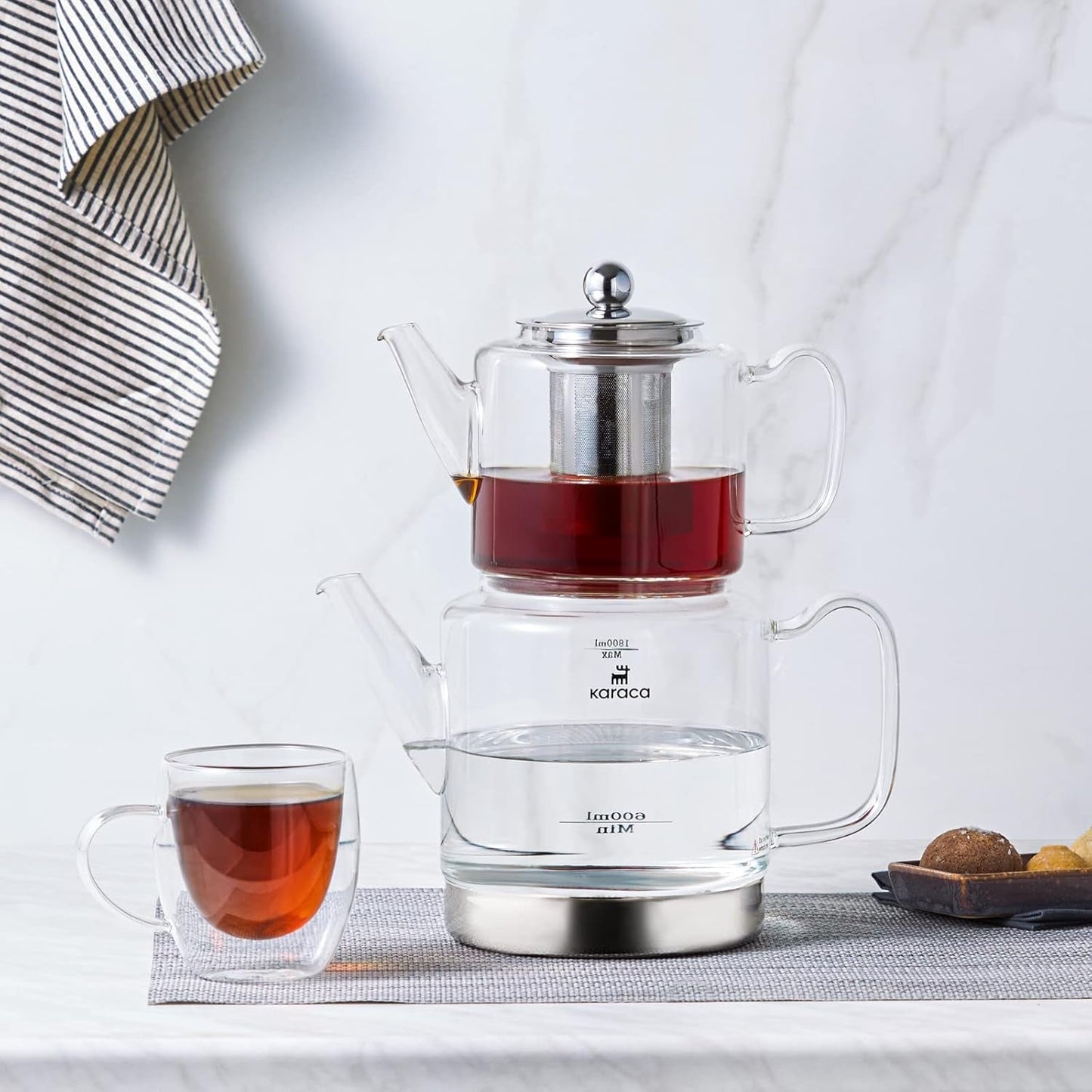 Karaca Dora Borosilikatglas vattenkokare med rostfritt stål teinfuser, 2L vattenkokare och 1L glasvattenkokare med infuser, turkisk vattenkokare, Caydanlik, turkisk örttebryggare, löst te, XL