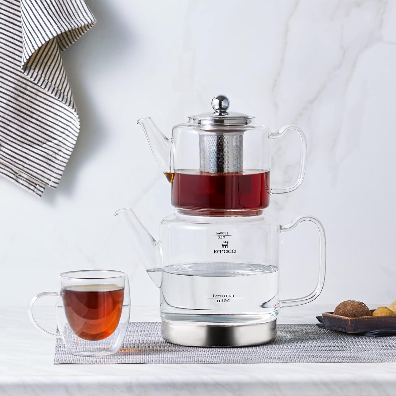 Karaca Dora Borosilikatglas vattenkokare med rostfritt stål teinfuser, 2L vattenkokare och 1L glasvattenkokare med infuser, turkisk vattenkokare, Caydanlik, turkisk örttebryggare, löst te, XL