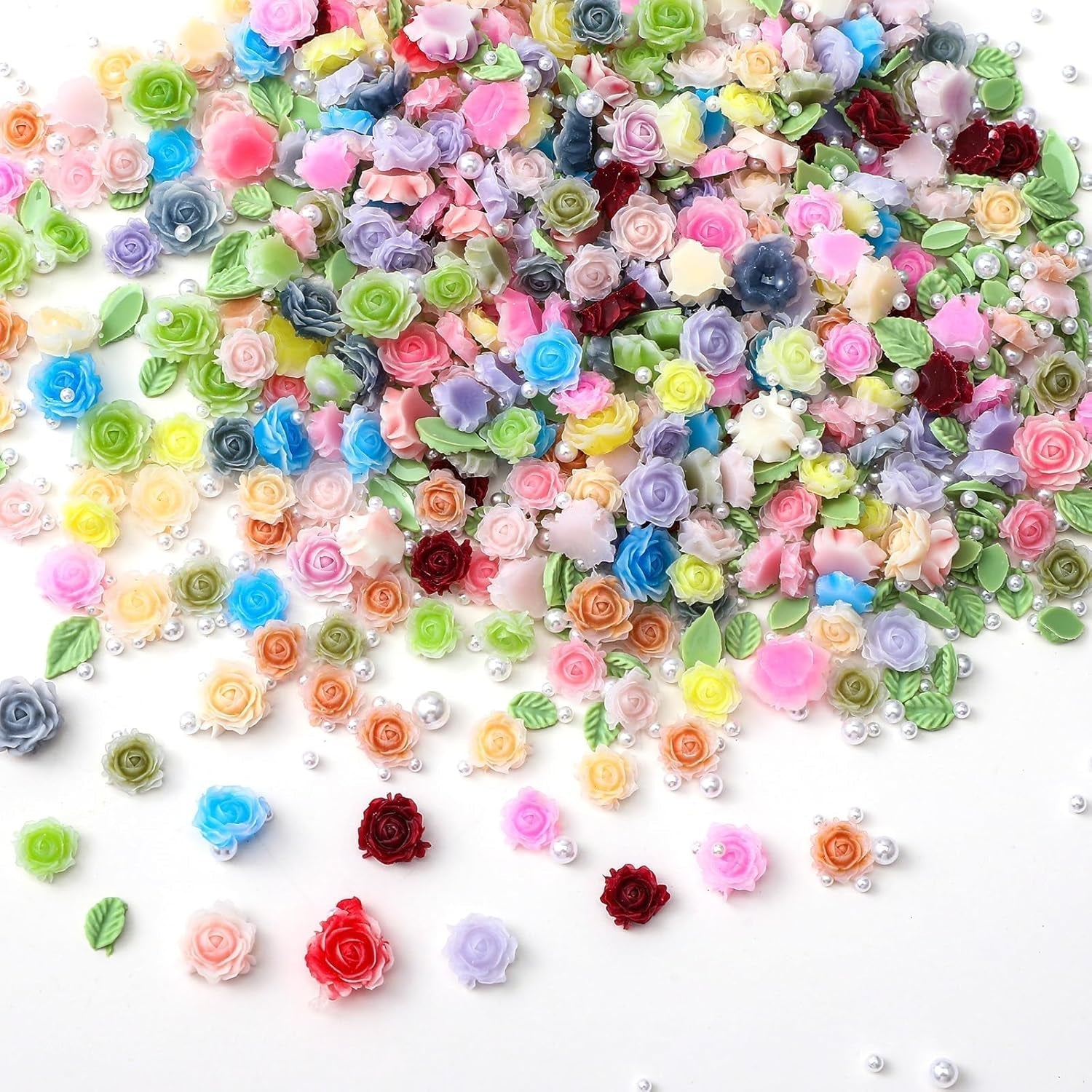 300 Stück Niedlich Blume Nail Charms, 3D Resin Blommor Camelie Rose Nägel Charms Mit Perle, Gemischt Größe Bunte Flower Nägel Deko Für Frauen Nail Art Zubehör
