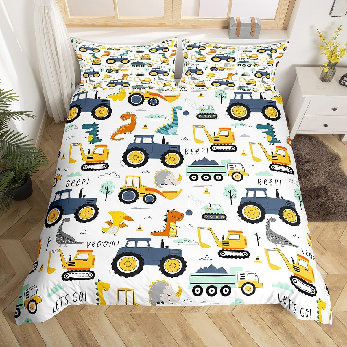 Jungen Cartoon Car Sängkläder Set 135X200,Kinder Bau Fahrzeuge Tröster Abdeckung Für Kind Kleinkind Teens,Dinosaurier Bettbezug,Traktor Maschinerie Bagger Bettdecke Abdeckung,Lkw Autos Bettdecke Naty Shop