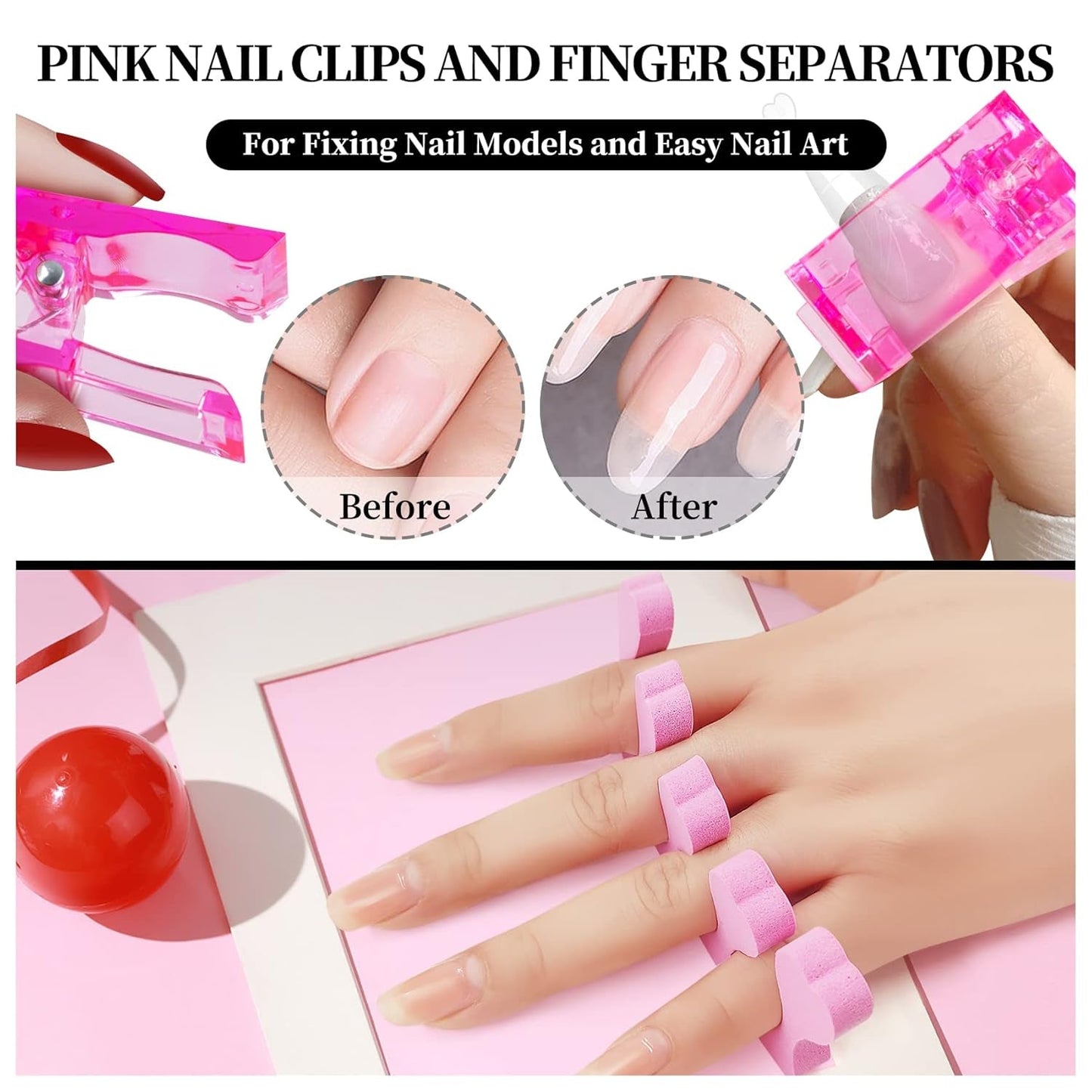 120 dubbla nagelformar, nagelförlängningsmallar med rosa dubbelsidig borste, nagelspetsklämma, tåavskiljare och nagelfil för polygelnaglar
