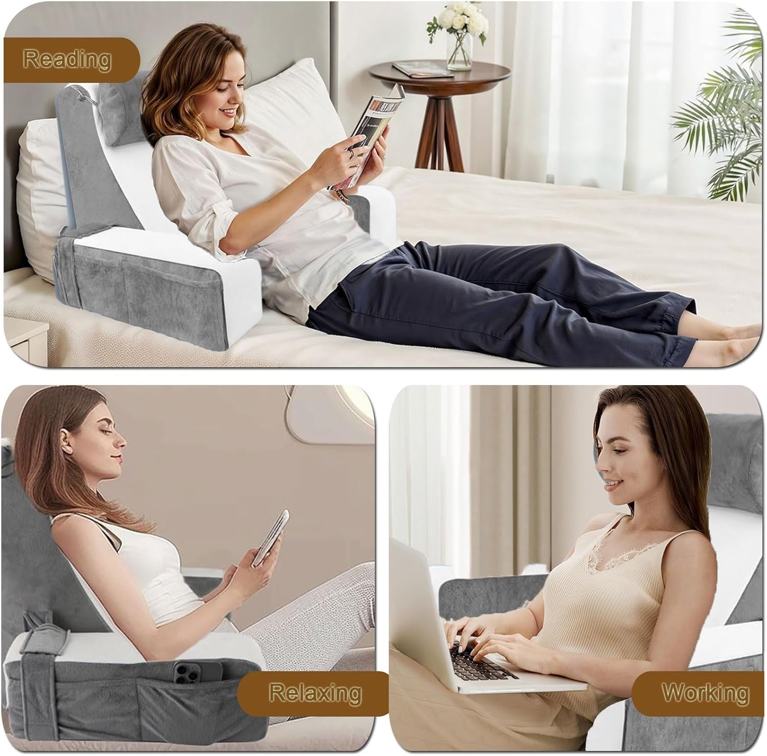 Stor läskudde för säng och soffa, ryggkudde för vuxna med nackstöd och armstöd, ergonomisk ryggkudde med ficka och tvättbart överdrag för vila, läsa, titta på TV (WH)