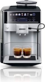Siemens EQ.6 plus s300 automatisk espressomaskin TE653501DE, för många kaffespecialiteter, mjölkskummare, keramisk kvarn, dubbel kaffefunktion, anti-kalk, automatisk ångrengöring, 1500 W, silver