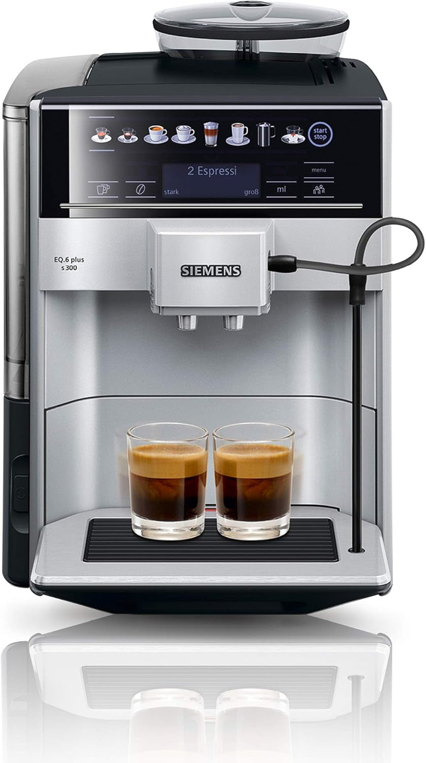 Siemens EQ.6 plus s300 automatisk espressomaskin TE653501DE, för många kaffespecialiteter, mjölkskummare, keramisk kvarn, dubbel kaffefunktion, anti-kalk, automatisk ångrengöring, 1500 W, silver