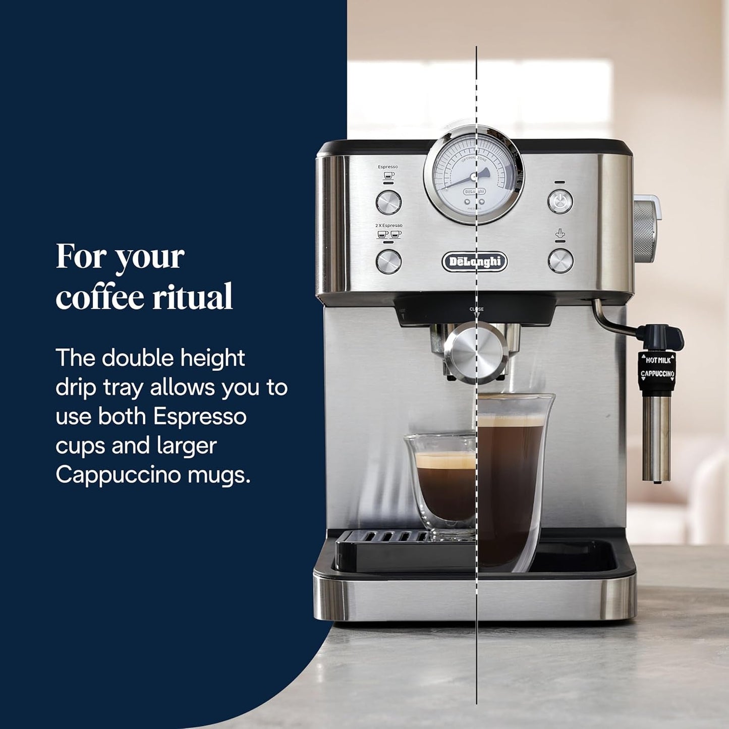 De'Longhi Classic EM450.M portafilter espressomaskin med professionell mjölkskummare, helmetallhölje, 15 bar, 1,7 l vattentank, rostfritt stål/metall