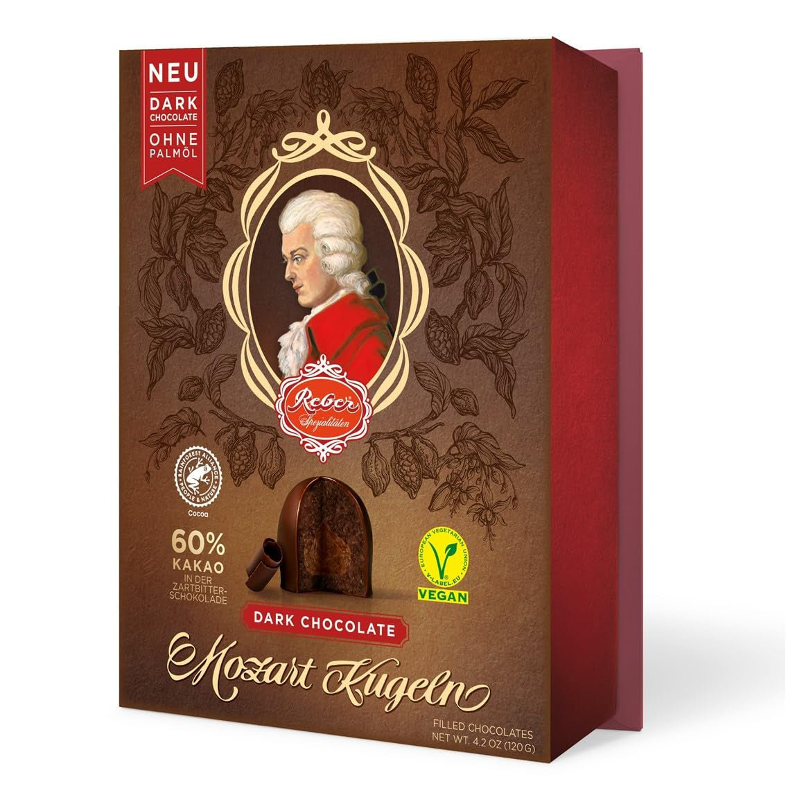 Reber Mozartkulor med mörk choklad, 6-pack med marsipan och nougat, vegansk - 1 x 120 g