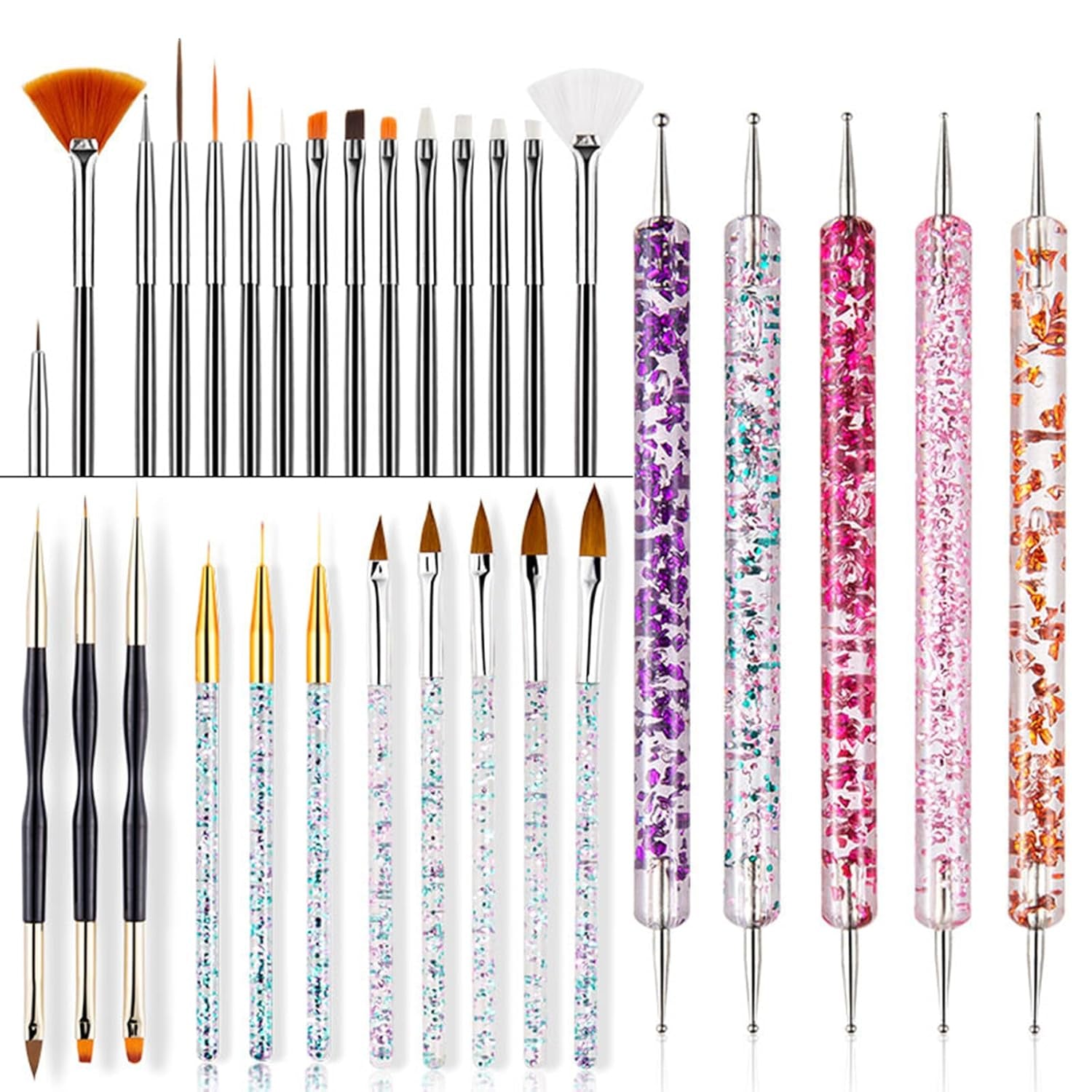 31 Stück Professionelle Nagel Pinsel Set, Dual-Ended Nagelpinsel, Pinsel Für Gelnägel, Acrylic Nagel Art Penna, Nail Art Dotting Tools, Nail Brush Für DIY Nagelkunst Salon Design