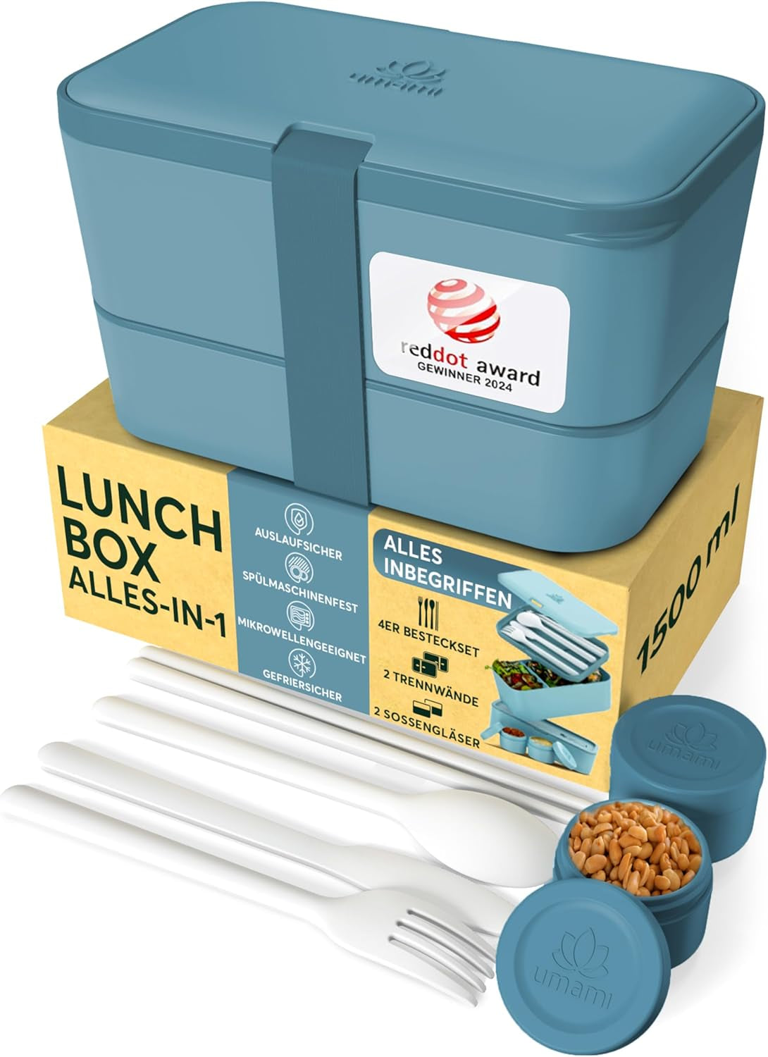 Umami Lunchbox för vuxna, läckagesäker stapelbar Bento-låda med 4 bestick och fack, Vuxen Lunchbox, To-Go-salladsbehållare, Picknick-/kontorslunchlåda, kolgrå, 1500 ml